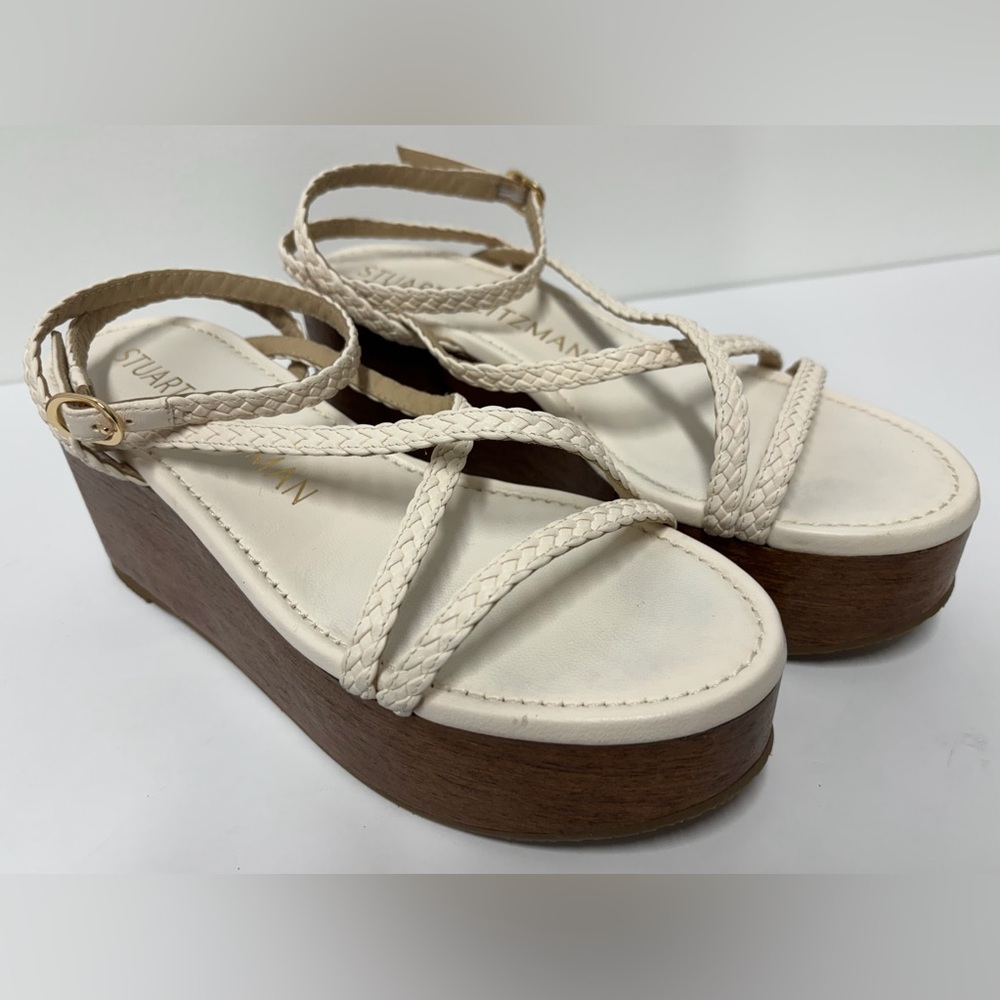 STUART WEITZMAN Wovette White Braided Leather Buckle Platform Wood Sandals 6.5